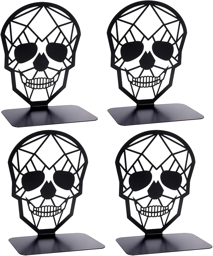 Metal Skull Design Black Bookend - Heavy-Duty Bookends for Shelves, Skull Book Ends for Heavy Books, Book Shelf Holder Home Office Decorative Desktop Organizer (2 Pair)