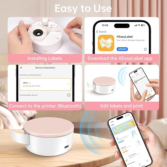 Label Maker Machine with Tape, Portable Mini Label Printer, HP3 Bluetooth Sticker Maker Machine with Multiple Templates for Office Home Small Business Organization, Small Thermal Label Printer, White