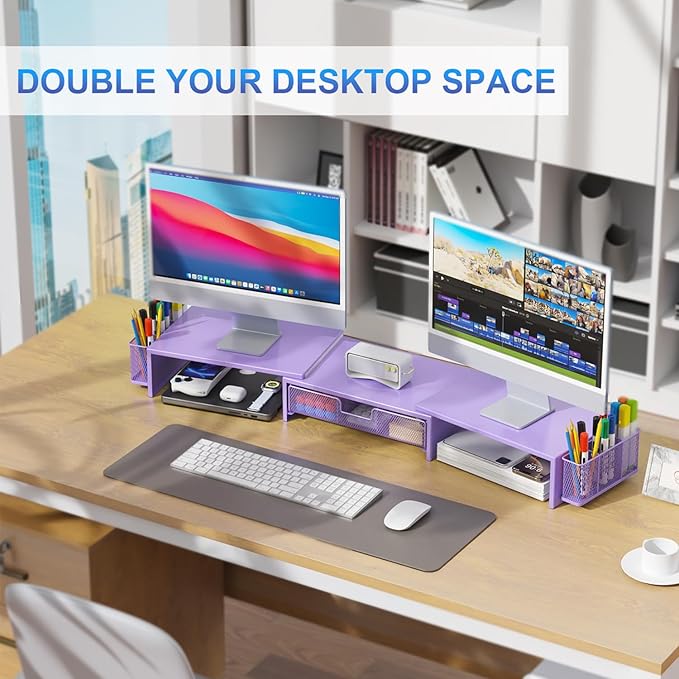 gianotter Dual Monitor Stand Riser, Desk Organizer With Drawer and 2 Pen Holders, Desk Organizers and Accessories, Purple Office Decor (Purple)