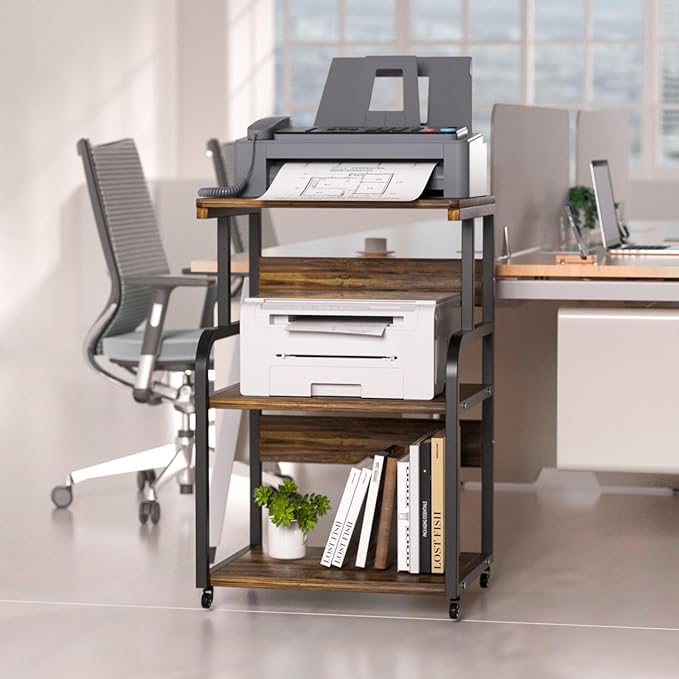 Large Printer Stand with 3-Tier Wood Storage Shelves -Multi-Purpose Desk Organizer- for Printer Scanner Fax Home Office Use with Wheels (Rustic Brown)