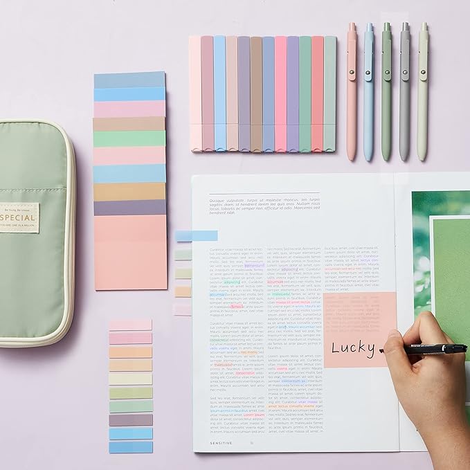 Jutom 39 Pcs Aesthetic Book Annotation Kit Pencil Case Bag with Highlighter Gel Pen 700 Sheets Transparent Sticky Notes Pads Index Tab Bible Study Supplies for School(Green,Cute Style)