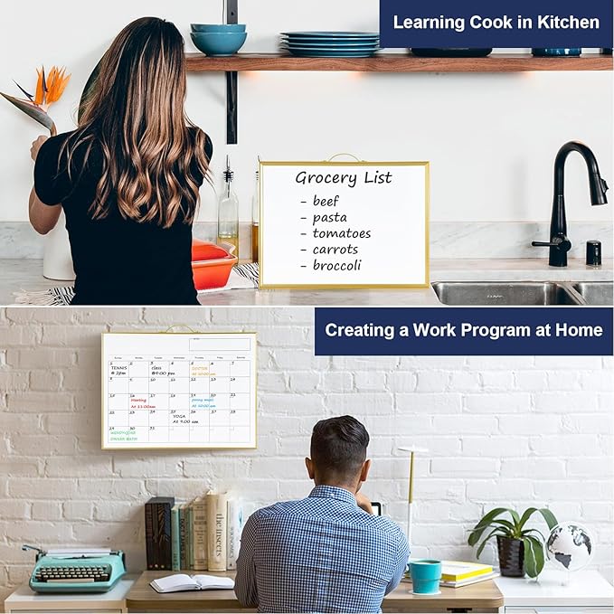 TSJ OFFICE White Board Calendar - 12 X 16 Inches Magnetic Dry Erase Board Monthly Calendar, Double Sided Writing Tablets with a Handle, to Do List Notepad for Office, Home, School, Gold Aluminum Frame