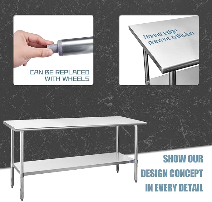 HALLY Stainless Steel Table for Prep & Work 24 x 72 Inches, NSF Commercial Heavy Duty Table with Undershelf and Galvanized Legs for Restaurant, Home and Hotel