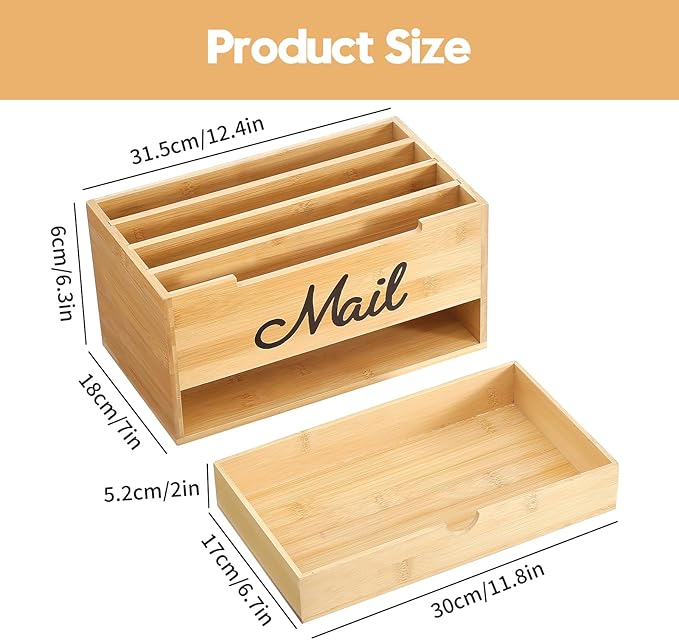 Qozary Mail Organizer Countertop - Adjustable Compartment Mail Letter Holder with Drawer, Bamboo Mail Sorter for Desk, Desktop File Organizer Holder, Desk Accessories Organizer for Home Office