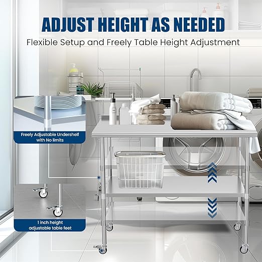 Stainless Steel Table 24 x 48 Inches with 4 Wheels，Metal Prep Table with Backsplash & Adjustable Undershelf for Commercial Kitchen, Outdoor, Restaurant, Hotel & Garage