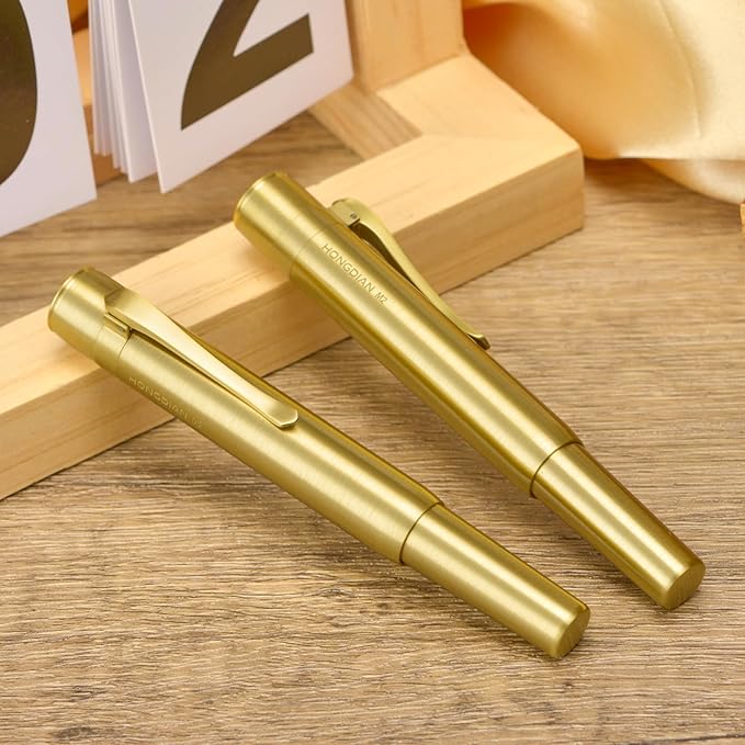 Hongdian M2 Black Forest Mini Fountain Pen, Fine Soft Golden Nib & Sleek Shape Brass Short Pocket Travel Pen (Glossy Brass)