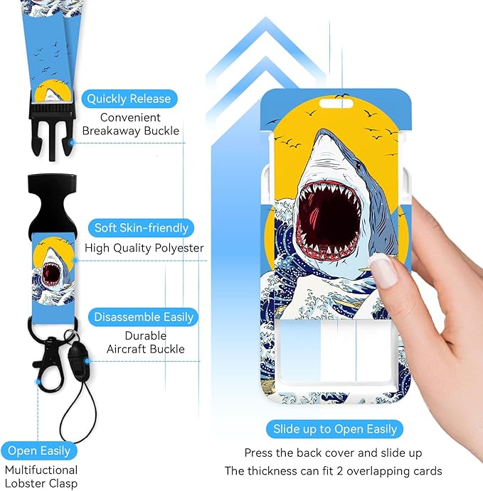 Shark Badge Holder with Retractable Reel and Breakaway Lanyard，Badge Clips Retractable Heavy Duty Badge Reel，Funny Keychain，ID Holder with Breakaway Lanyard for School Nurse Office Teen