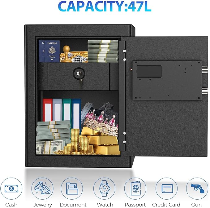 WASJOYE Fingerprint Biometric Safe Box Fireproof - Fingerprint Safe Box with Fireproof Lock Box, 2.5 Cubic Feet Fingerprint Safe for Home Office Hotel Jewelry Cash Documents Valuables Storage