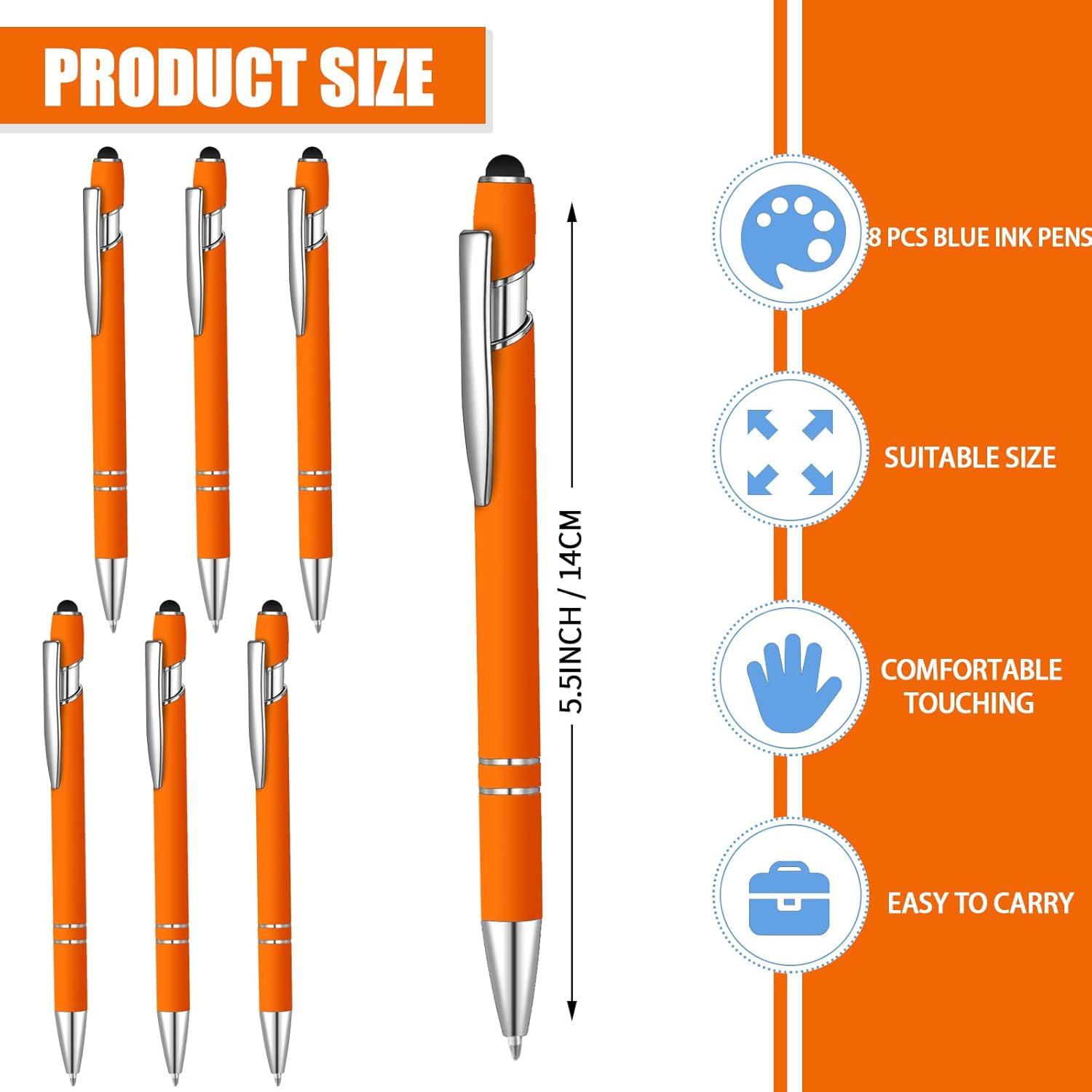 8 Pcs Blue Ink Ballpoint Pen with Stylus Tip 2 in 1 Stylus Ballpoint Pen Metal Pens Stylus Pen for Touch Screens School Office Coworkers (Orange)