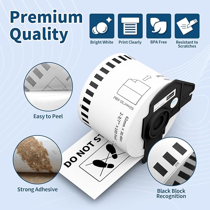 Tacnology 12 Rolls Continuous Labels Replacement Compatible with Brother DK-2205 (2.4" X 100 Ft.) Shipping Address Labels, Use with Brother QL Label Printer + 1 Frame