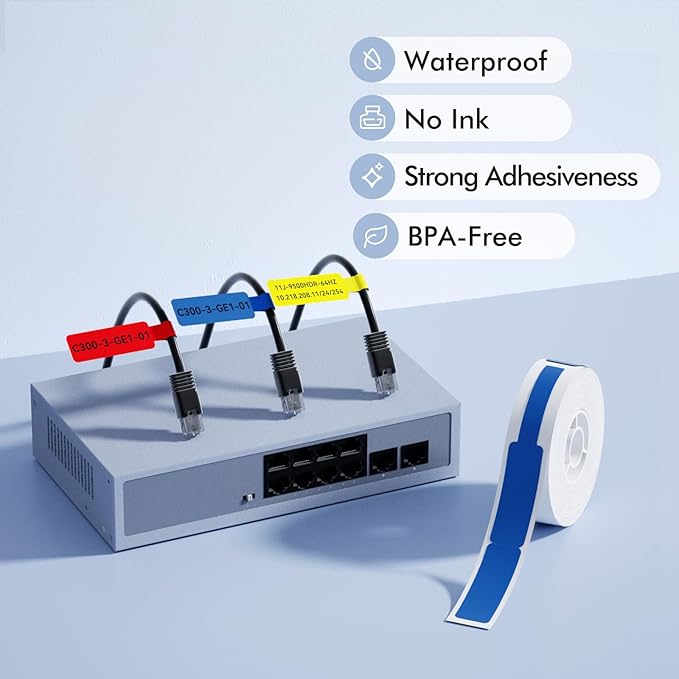 NIIMBOT Blue Cable Labels Maker Tape for D11/D110/D101 Label Maker, 0.49'' x 4.29'' -65 Tapes/Roll, Thermal Label Tape for Home Office Labeling Tape Replacement