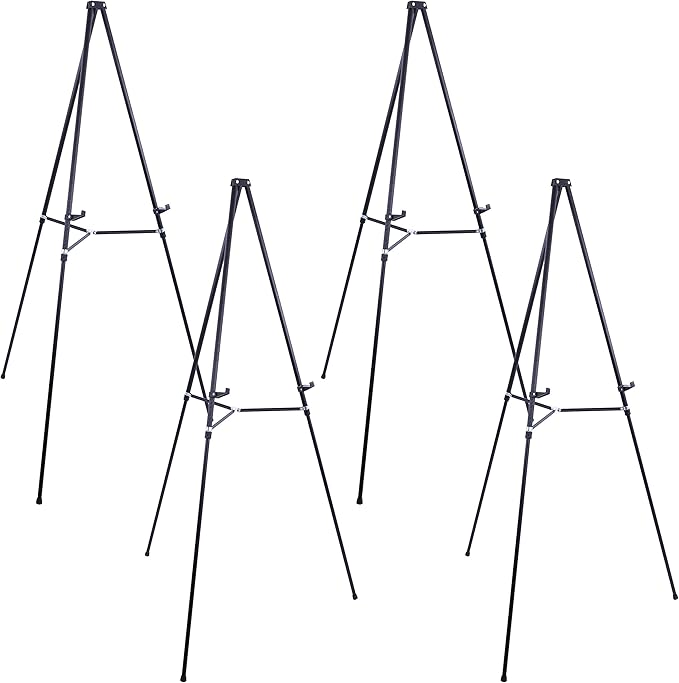 U.S. Art Supply 66" High Showroom Black Aluminum Display Easel and Presentation Stand (Pack of 4) - Large Adjustable Height Portable Floor and Tabletop Tripod, Holds 25 lbs, Paintings, Signs, Posters