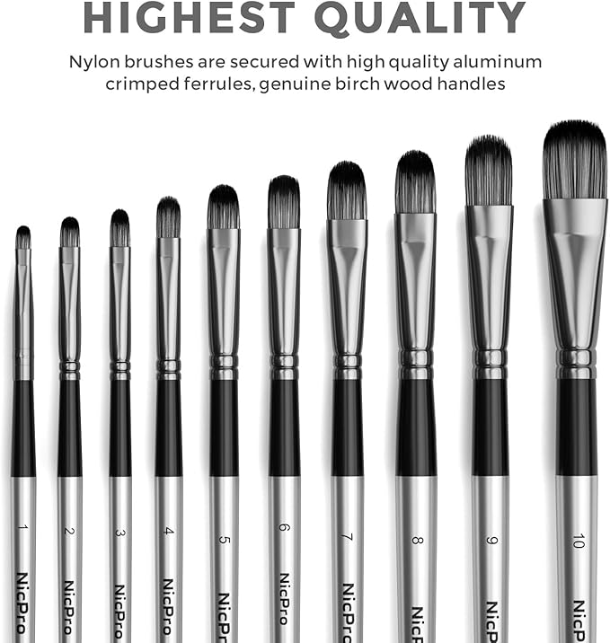 Nicpro 10 PCS Filbert Paint Brushes Art Painting Brush Set for Acrylic Watercolor Oil Gouache Canvas, Craft Detail Face Body Painting, Artist Kit for Kid & Adult