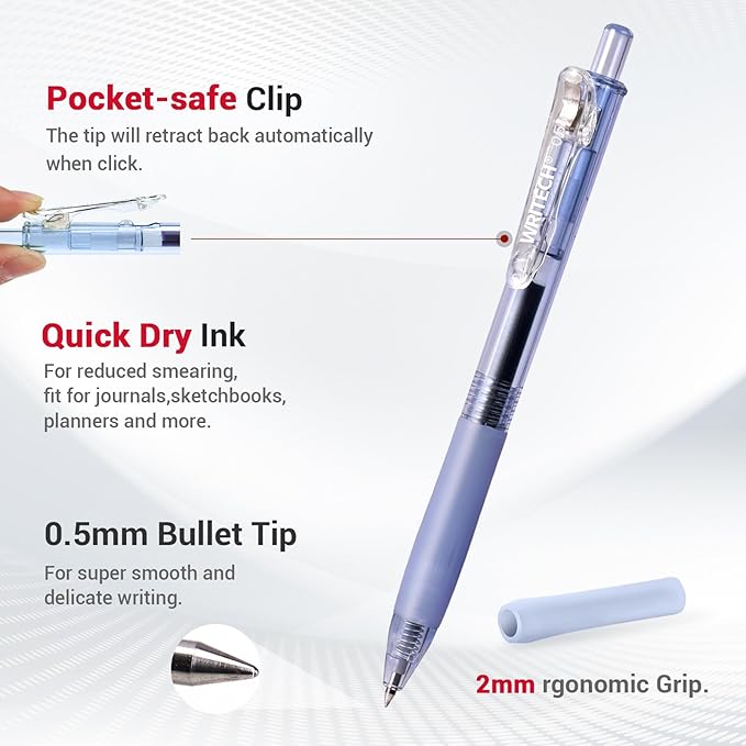 WRITECH Retractable Gel Ink Pens Multi Colored 0.5mm Fine Point Quick Dry Ink Pens For Journaling, Drawing, Doodling, and Notetaking 5ct