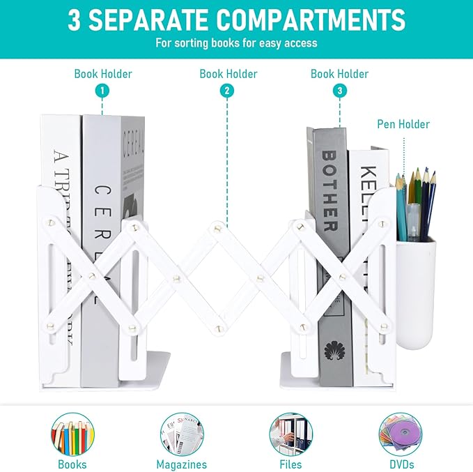 SAYEEC Adjustable Bookends with Pen Holder Expandable Book Ends for Heavy Books Plastic Desk Book Holder Stand Stopper Rack Magazine Binder Organizer for Shelves Bookcase Office School Home (White)