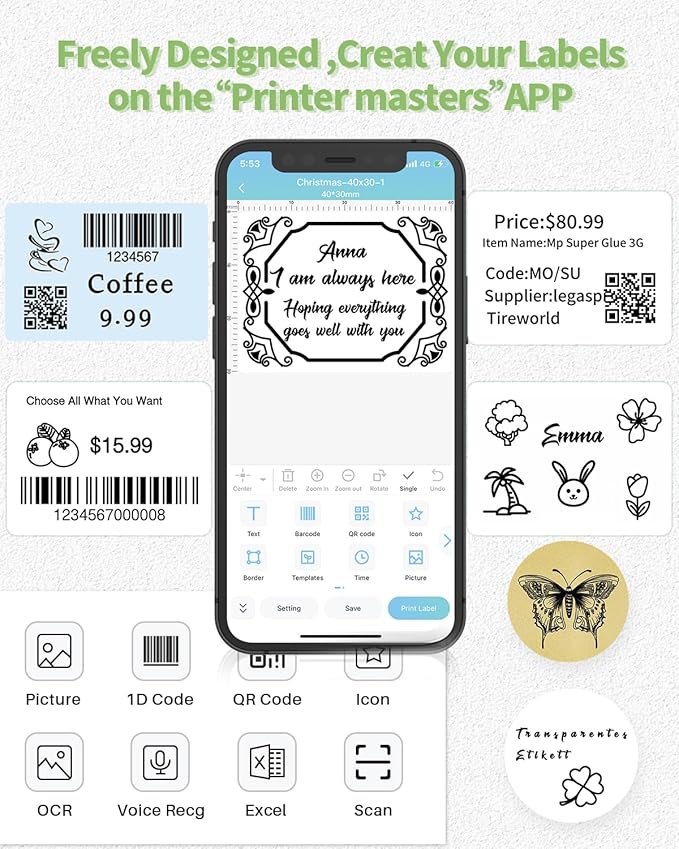 Thermal Sticker Labels Compatible with Phomemo M110/M220/M221/M120/M200/M110S Label Makers, 1.97"x3.15"(50mm*80mm), Thermal Paper for Bussiness/Design/Barcode,Black on White,100 Labels/Roll