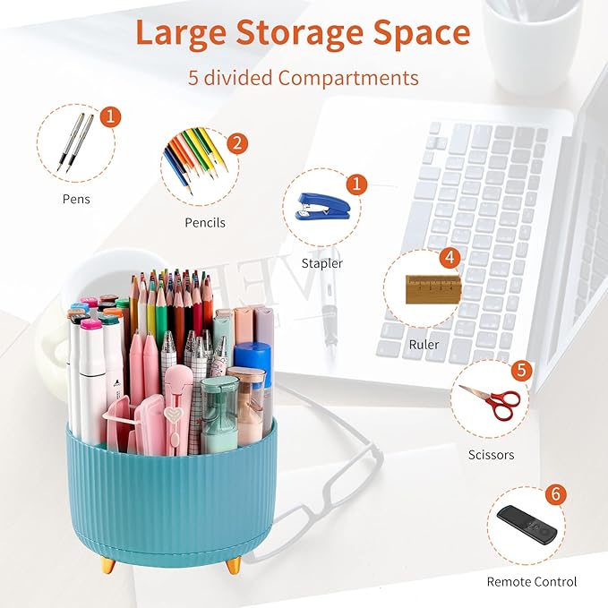 Desk Pencil Pen Holder, 5 Slots 360°Degree Rotating Organizers for, Desktop Storage Stationery Supplies Organizer, Cute Cup Pot Office, School, Home, Art Supply, Blue