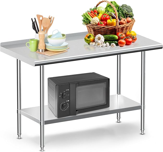 Real Relax Stainless Steel Table with Backsplash, NSF Commercial Heavy Duty Stainless Steel Table for Prep with Adjustable Undershelf, for Indoor & Outdoor- 24" D x 48" W x 34" H