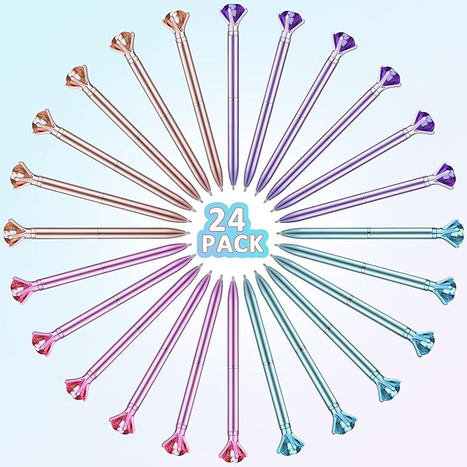 24 Pieces Big Crystal Diamond Pens Bling Ballpoint Pen Black Ink Rhinestones Pen for School Office Supplies Christmas Wedding Birthday Present, 4 Colors(Simple Style)