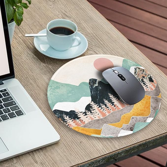 Gctriki Mountain Sunset Round Mouse Pad 8.6 x 8.6 Inch, Funny Small Mousepad for Desk Laptop Gaming, Stitched Edge Non-Slip Rubber Base, Cute Abstract Home Office Decor Desk Accessories Supplies