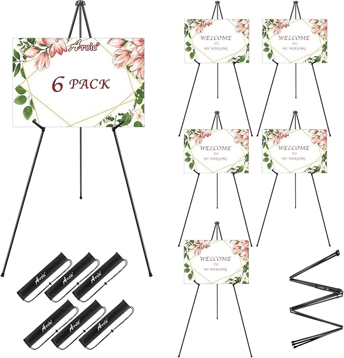 AROIC 63 "Easel Stand for Display, 6 Pack Portable Foldable Metal Easel, Easels for Signs Wedding Logos ,Arts, Painting,Adjustable Floor Easels with 6 Storage Bag