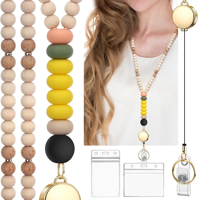 Teacher Lanyard with Id Holder, Cute Lanyards for Id Badges Keys, Retractable Natural Wooden Beaded Lanyard for Women