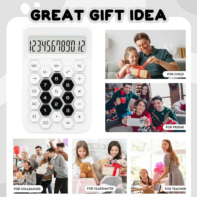White Calculator, Standard Calculator,12 Digit Large LCD Display,Basic Office Calculator with Hexagonal Button,White Office Supplies and Desk Accessories,Gifts for Coworkers