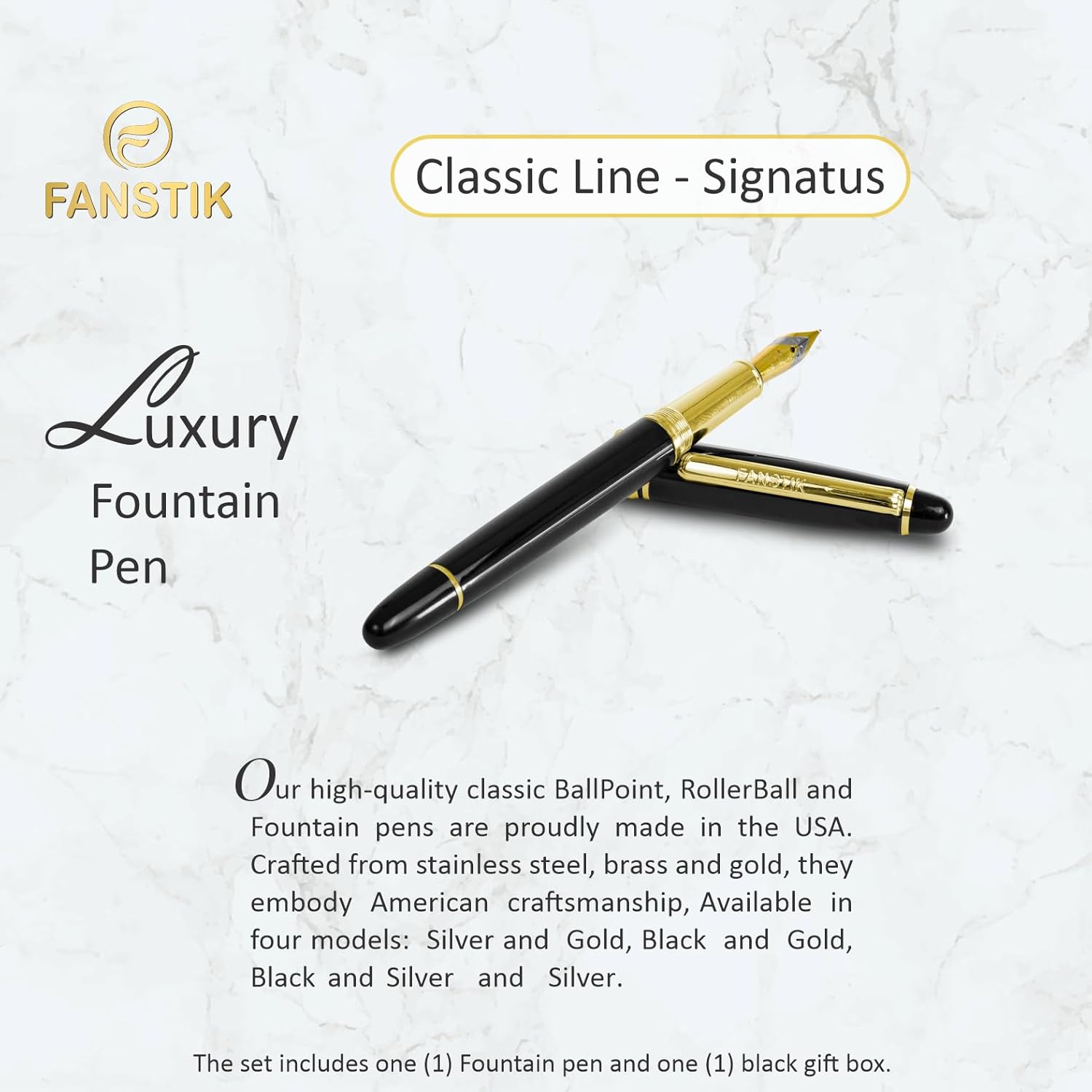 Customized Fountain pen with name (MADE IN USA), stainless steel, black and gold, luxury engraved pen personalized for men and for women. (Fountain Black-Gold)