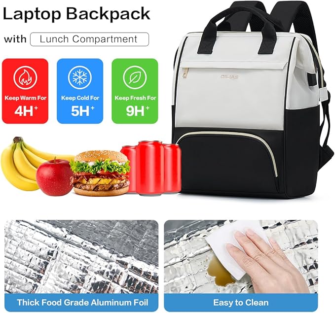 OIWAS Lunch Backpack for Women, 15.6 inch Laptop Backpack Insulated with USB Port, Work Backpack with Insulated Cooler Lunch Bag for Men Travel Work Travel Picnics Hiking, Beige Black