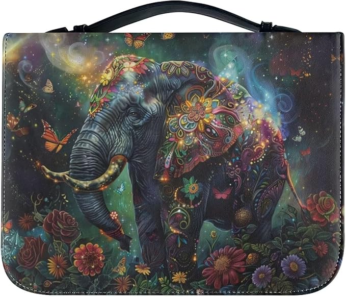 Lotusorchid Floral Mandala Elephant Printed Bible Covers Christ Church Bag for Women Leather Bible Case with Handle Pen Storage Zippered Pocket Waterproof Bible Carrier Bible Protective Cover