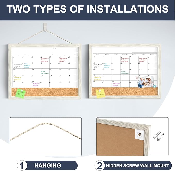 Calendar Whiteboard for Wall, TANKEE 17"x13" Whiteboard Calendar Cork Board Combo, Magnetic White Board Monthly Calendar with Wood Framed, Hanging Dry Erase Board for Kitchen Home Office Planner