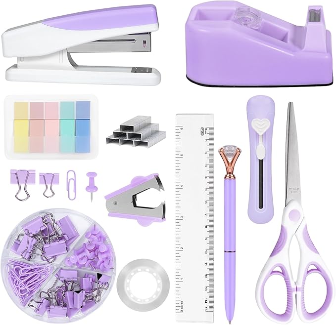 Purple Office Supplies Set 14pcs - Cute Desk Supplies Kit, Stapler and Tape Dispenser Set, Office Essentials Desk Accessories Aesthetic for Women, Students, Teacher
