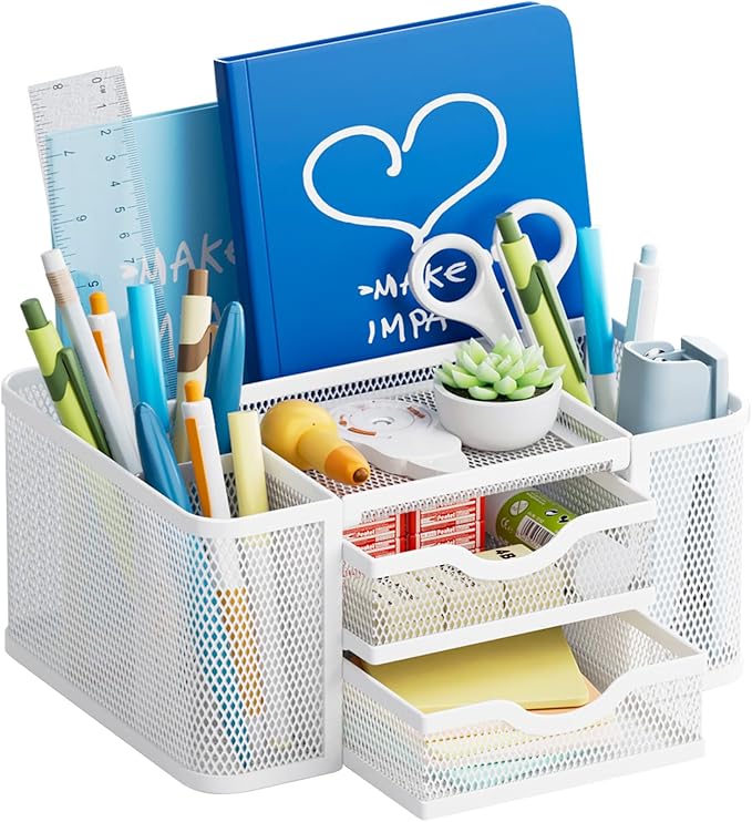 Marbrasse Mesh Desk Organizer, Pen Organizer with 2 Drawer, Multi-Functional Pencil Holder for Desk, Desk Organizers and Accessories with 5 Compartments + Drawer for Office Art Supplies (White)
