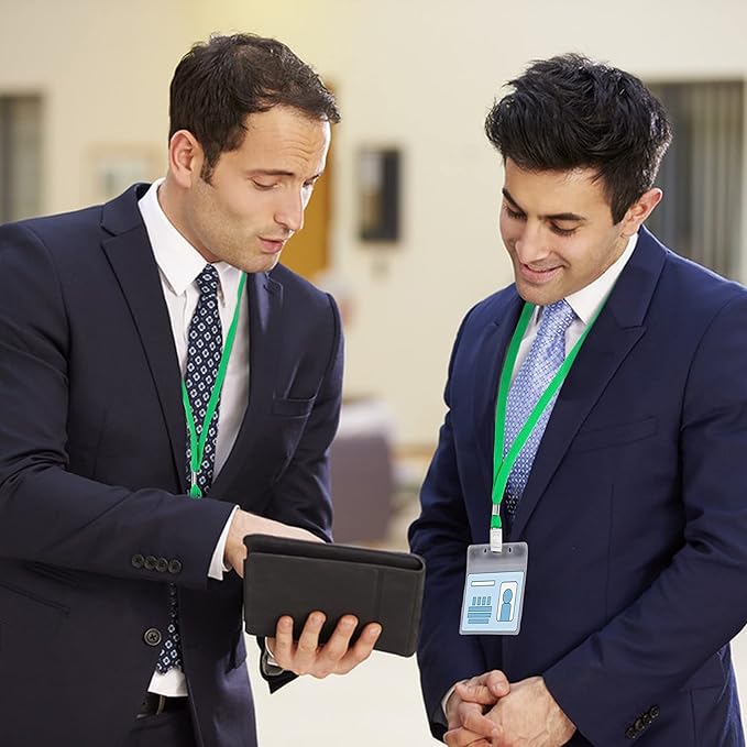 100Pcs Clear Plastic Horizontal Name Tags Badge ID Card Holders and 100Pcs Lanyards with with Clip lanyards for id Badges (Green)