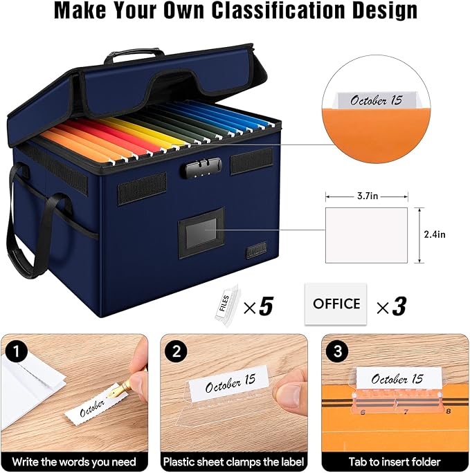 AMBOR File Box with Lock, Fireproof Document Box with 5 Tabs & Inserts, Collapsible File Organizer with Handle for Letter & Legal Size Folder/Certifications/Books Storage, Blue