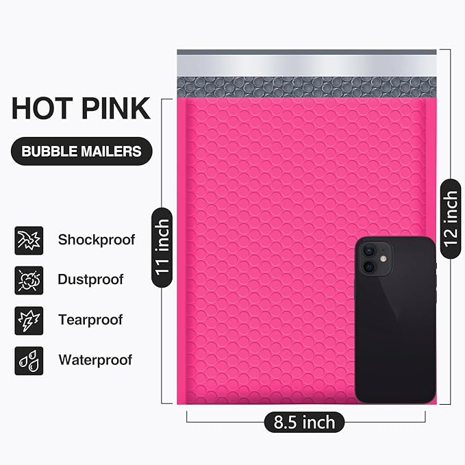 UCGOU Bubble Mailers 8.5x12 Inch Hot Pink 25 Pack Usable Size 8.5x11 Poly Padded Envelopes #2 Medium Mailing Opaque Packaging Postal Self Seal Waterproof Boutique Shipping Bags for Clothes Makeup
