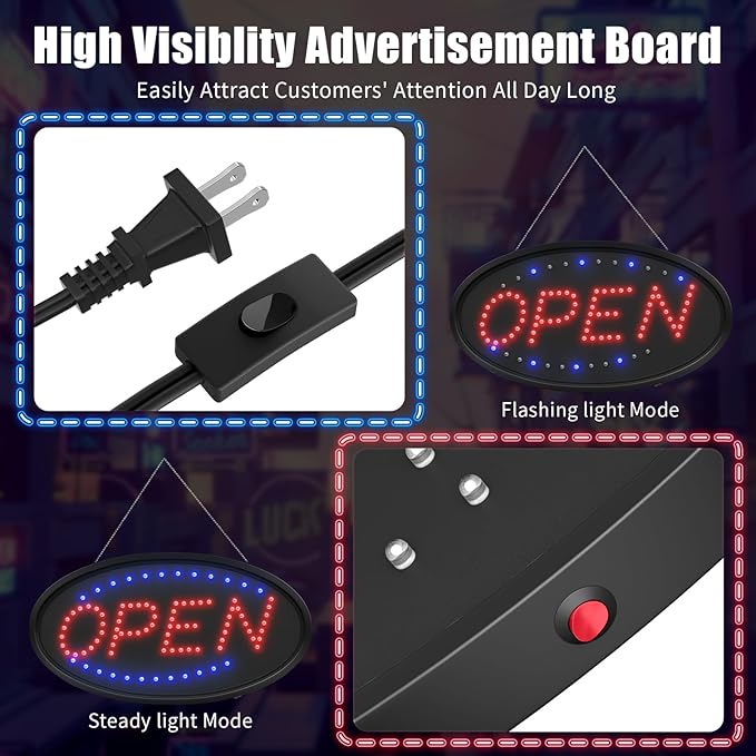 LED Open Sign for Business, Neon Open Sign LED Electronic Billboard Advertising Board Light Up Display Sign, 2 Modes Flashing Light for Wall, Window, Store, Bar, Cafe, Shop (Oval 19x10 in)