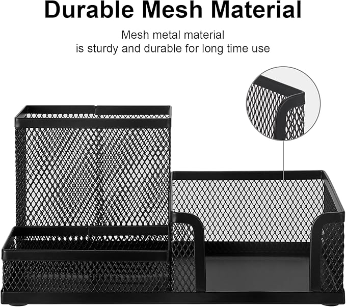 Comix Mesh Pen Pencil Holder Desk Organizer, 3 Compartment Wire Desktop Pen Pencil Cup Caddy Office Supplies Accessories for Home Office School, Black(2 Pack)