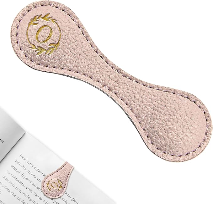 ABTOLS Magnetic Leather Initial Bookmarks, Vintage Initial ID Identification Book Marker Clip Gift Pink Capital Letter Book Markers for Book Lover Avid Readers (O)