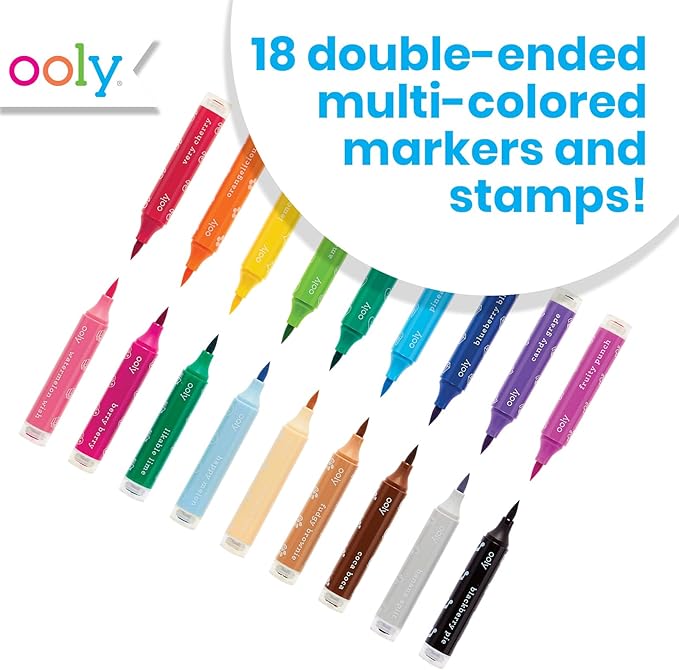 Ooly 18 Double-Sided Stamping Markers, Easter Activities for Kids - Brush Tip plus Stamp, Cute School Suplies - DOUBLE-ENDED STAMP MARKERS