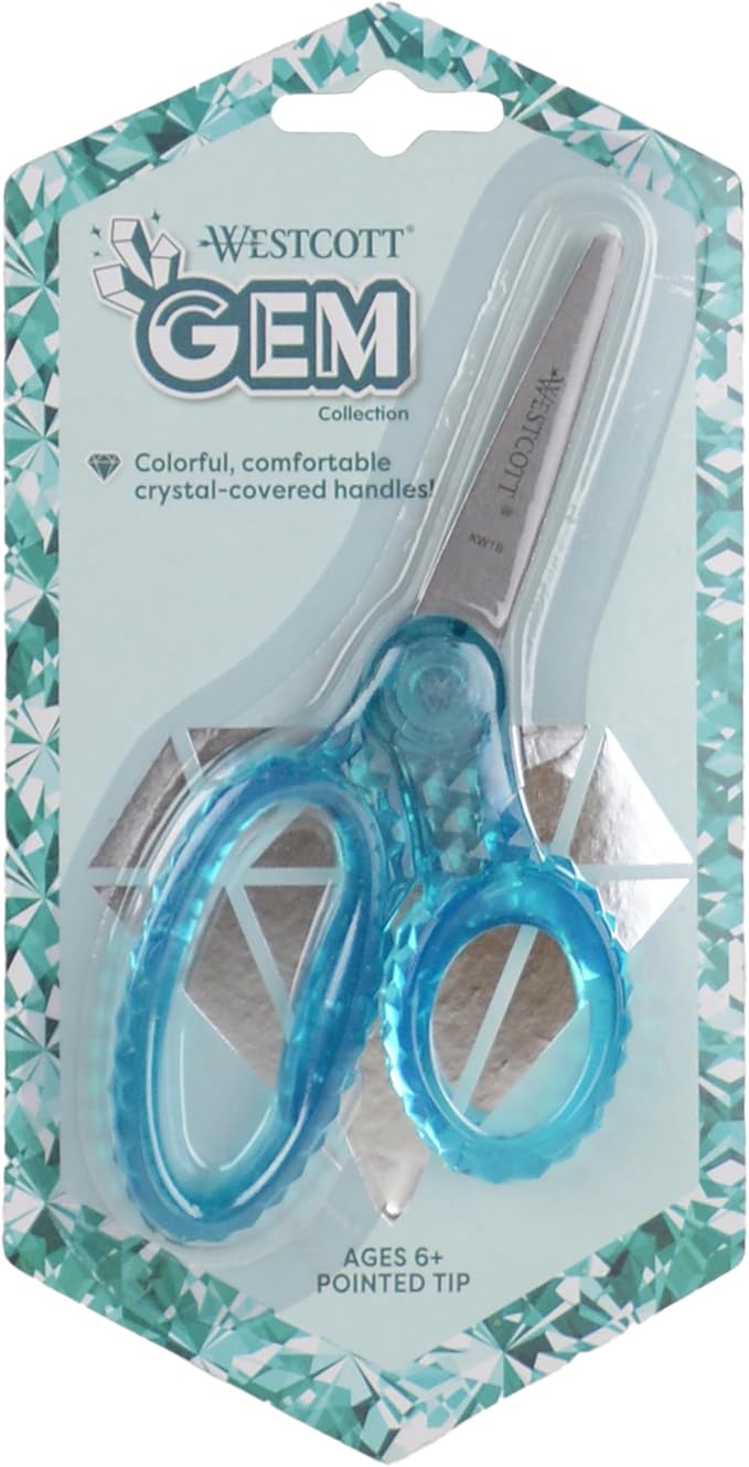 Westcott 5" GEM Crystal-Design Safety Scissors 12pk, Pointed-Tip for Kids Aged 6-8 - Scissors for School, Craft, Home, DIY, Classroom - Assorted Colors