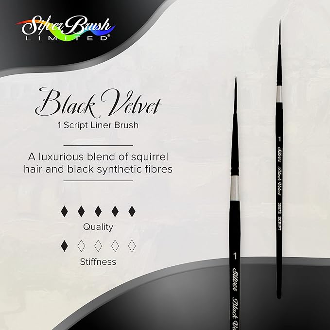 Silver Brush Limited 3007S -1 Black Velvet Script Liner Paintbrush for Watercolor, Gouache, Inks, & Dyes, Size 1, Short Handle