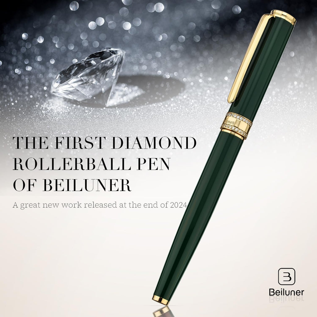BEILUNER Green Lacquer Rollerball Pen, Diamond-Studded Cap Design, 24K Gold Trim, Noble and Elegant, Schneider Ink Refill, Best Pen Gift Set for Women & Men, Professional, Business Office, Nice Pens