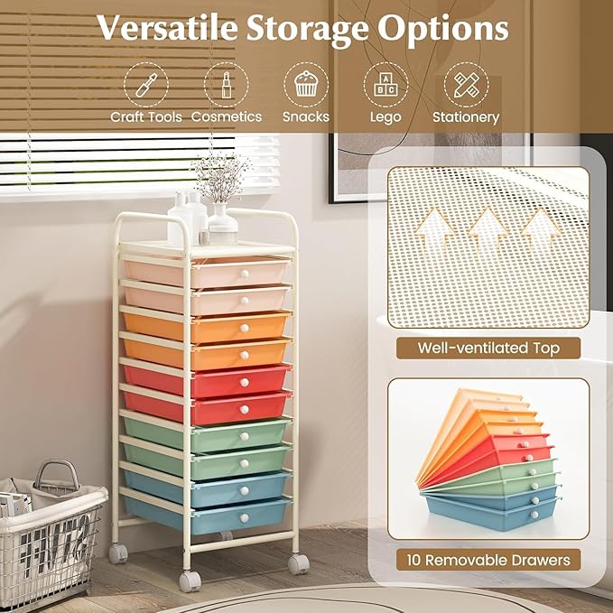 Storage Cart, Rolling Utility Cart with 10 Drawers, Portable Handles & Lockable Wheels, Mobile Paper Toys Storage Organizer Large Capacity for Home Office School Teacher (Macaron)