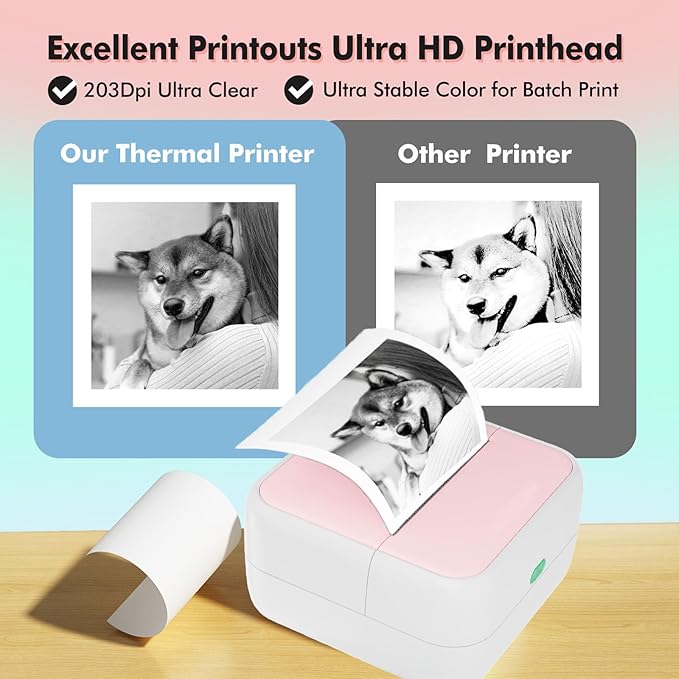 Mini Printer Sticker Printer Bluetooth for Phone Portable Thermal Print for Photo,Note,Journal,Memo,with 6 Rolls Thermal Paper（Pink）