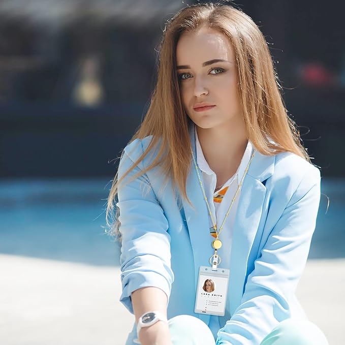 Lanyards for Id Badges Stainless Steel Badge Lanyards with 2 Pcs Waterproof Id Badge Holder Retractable Id Badge Lanyards Teacher Lanyard for Cruise Ship Key Cards Id Badges (Gold)