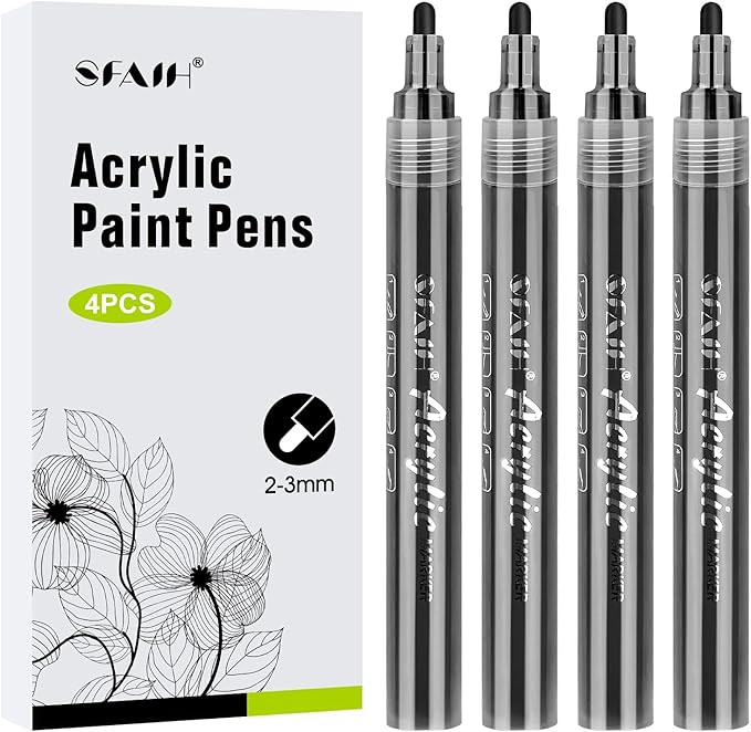 SFAIH Black Paint Markers Paint Pens - 4 Pack 2-3MM Medium Tip Acrylic Markers for Rock Painting, Wood, Metal, Fabric, Plastic, Canvas, Glass, Ceramic, Diy Crafts, Drawing, Tire