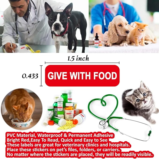 Give with Food-Veterinary Labels/Stickers, 1.5 x 0.43 inch Medication Instruction Labels for Medical Containers Pharmacies Hospitals for Drugstor Management, 500 Labels per roll (Red)