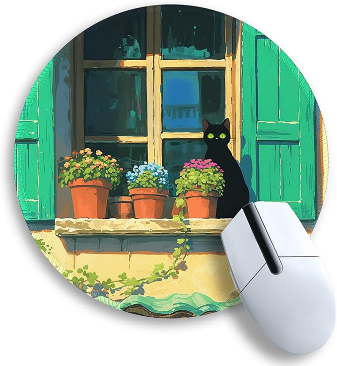Gctriki Anime Black Cat Mouse Pad, Cute Round Computer Mouse Pads for Desk Laptop Gaming, Stitched Edge Non-Slip Rubber Base, Cute Cat Home Office Desk Accessories Decor for Women