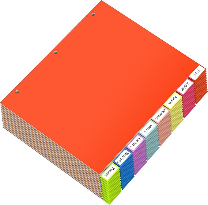 HABGP 96Pcs/12 Set 8 Tab Dividers for 3 Ring Binder, 96 Pcs Multicolor 3 Ring Binder Dividers with Tabs, Page Folder Dividers, Plastic Tabbed File Dividers with Tabs, Three Ring Binder Index Dividers